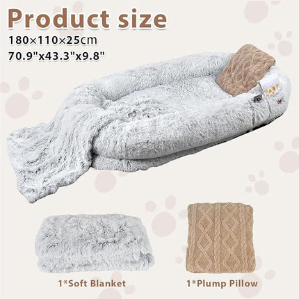 Human Dog Bed, 180x110x25 cm Dog Bed for You and Pets, with Memory Foam, Plump Pillow, Blanket, Washable Faux Fur Dog Bed for People Doze Off, Napping Orthopedic Dog Bed - Grey