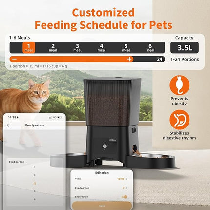 HONEYGUARDIAN Cat Automatic Feeder 2 Bowls, 5G/2.4G WiFi