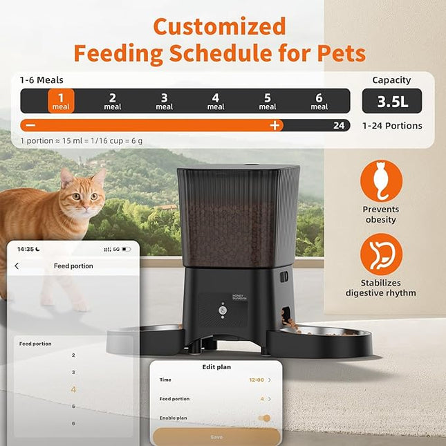 HONEYGUARDIAN Cat Automatic Feeder 2 Bowls, 5G/2.4G WiFi