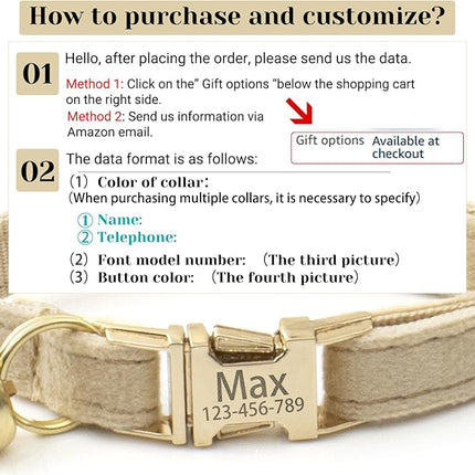 Customized Soft Artificial Velvet Cat Collar, Personalized Cat Tag, Laser Engraved Metal Button Cat Collar, Neck Circumference 16-26 CM, (Lavender-S)