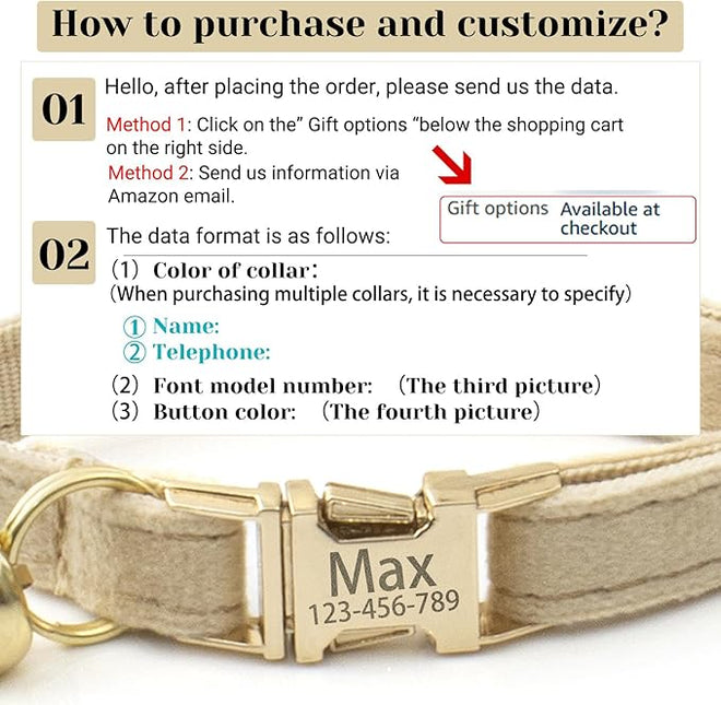 Customized Soft Artificial Velvet Cat Collar, Personalized Cat Tag, Laser Engraved Metal Button Cat Collar, Neck Circumference 16-26 CM, (Lavender-S)