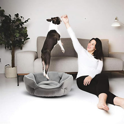 Small Dog Bed for Cats and Small Dogs, Grey Soft Velvet Pet Bed with Microfiber Fleece