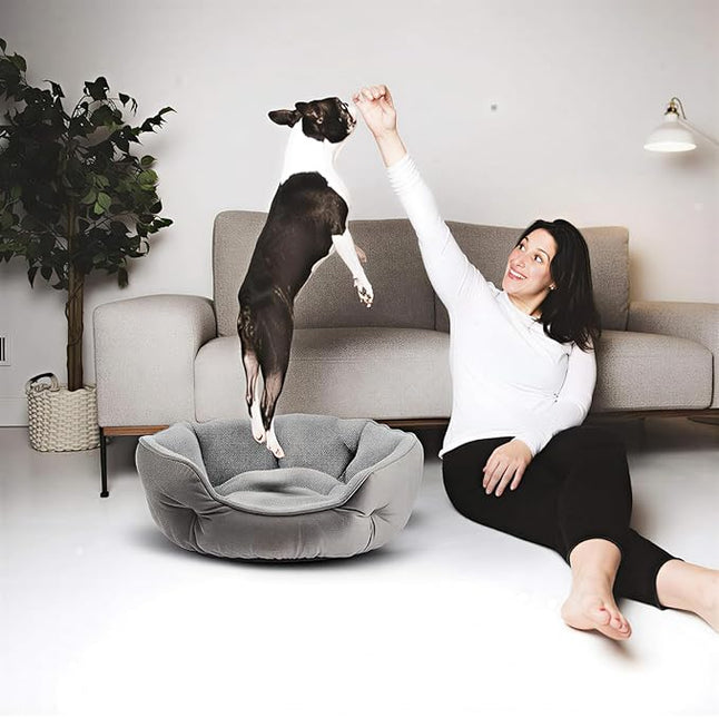 Small Dog Bed for Cats and Small Dogs, Grey Soft Velvet Pet Bed with Microfiber Fleece