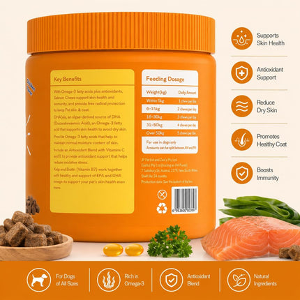 Skin & Coat Chews for Dogs – Omega-3, Salmon Oil, Krill Oil & Biotin,120 Chews