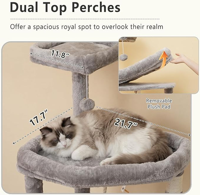 Heybly Heavy Duty Cat Tree, 64.2-Inch Tall Tower for Large Indoor Cats with Widened Structure,Extra-Large Hammock, Light Gray HCT027W