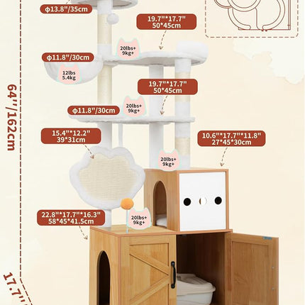 Heybly Cat Tree with Litter Box Enclosure, Modern 162cm,Multi-Level Perch & Playzone, Walnut HCT105WB