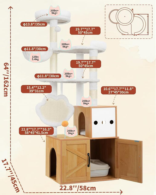 Heybly Cat Tree with Litter Box Enclosure, Modern 162cm,Multi-Level Perch & Playzone, Walnut HCT105WB