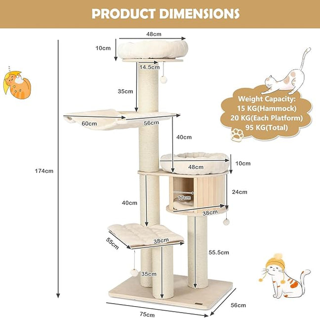 Costway 174cm Solid Wood Cat Tree, 4-Layer Cat Tower W/Sisal Scratching Posts, Cat Condo