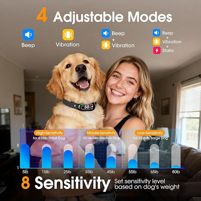 Dog Bark Collar for Small Medium Large Dogs 10-100lbs, Automatic Bark Device with Anti-False Trigger & Bark Count Tracking