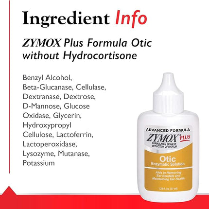 Zymox Advanced Formula Otic Plus Enzymatic Ear Solution for Dogs and Cats Without Hydrocortisone, 1.25oz