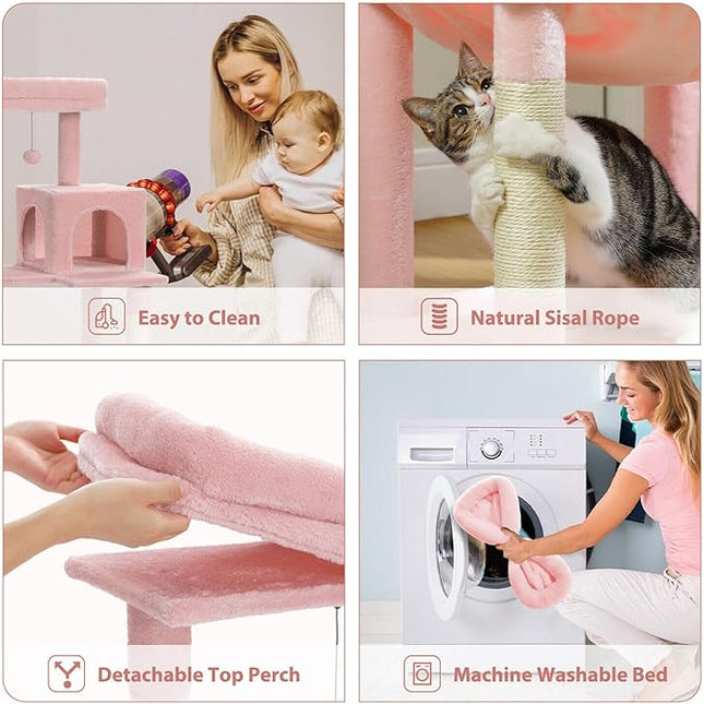 PAWZ Road Cat Tree 143cm Cat Scratching Post Multi-Level Play Tower with a Large Hammock and Top Perch Home Pet Furniture Light Pink
