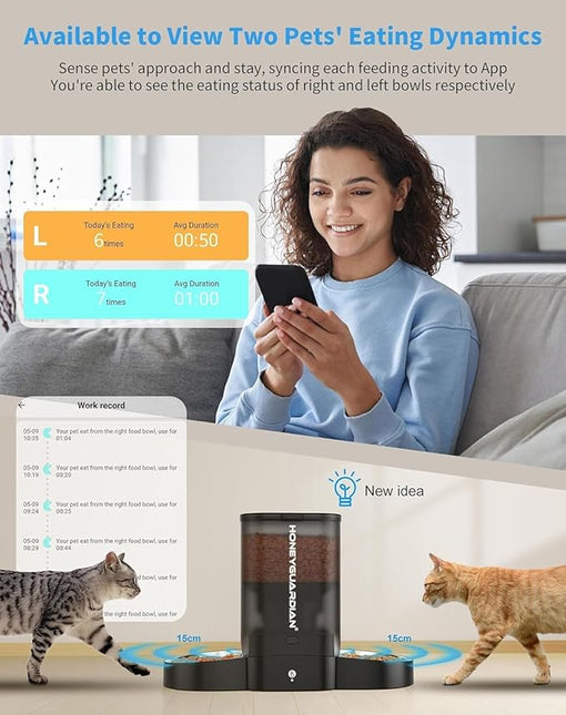 HoneyGuaridan Automatic Cat Feeder, 2 Bowls with Motion Sensor, 5G/2.4G WiFi Intelligent Cat Feeder for Remote Feeding, 5 L