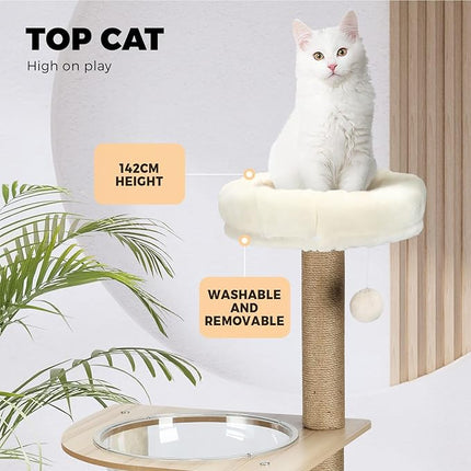 Cat Tree with Cat Scratching Post Pole Sisal Scratcher Cat Tower Dens Condo Kitty Dens Activity Stand Safe Hideaway 142cm Height,Beige