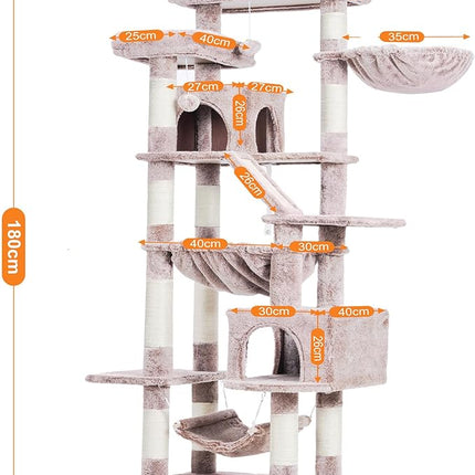 Heybly Cat Tree, 180cm Tall Tower for Indoor Cats with 2 Perches, 2 Big Condos, 2 Hammocks, Basket, Mushroom