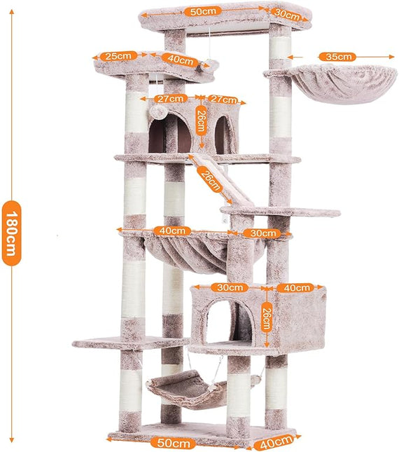 Heybly Cat Tree, 180cm Tall Tower for Indoor Cats with 2 Perches, 2 Big Condos, 2 Hammocks, Basket, Mushroom