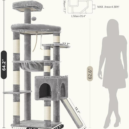 Heybly Heavy Duty Cat Tree, 163cm Tall Tower for Large Indoor Cats ,Light Gray