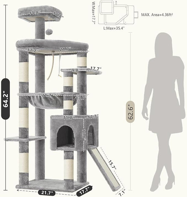 Heybly Heavy Duty Cat Tree, 64.2-Inch Tall Tower for Large Indoor Cats with Widened Structure,Extra-Large Hammock, Light Gray HCT027W