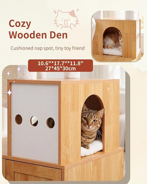 Heybly Cat Tree with Litter Box Enclosure, Modern 162cm,Multi-Level Perch & Playzone, Walnut HCT105WB