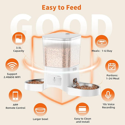 HoneyGuaridan Automatic Cat Feeder with 5G WiFi, Automatic Cat Food Dispenser for 2 Cats, APP Control Dispenser, Dual Power Supply,Desiccant Bag,10s Meal Call