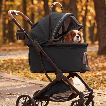 Premium Pet Stroller with Detachable Carrier for Small Dogs & Cats, Lightweight Foldable Design, Travel-Ready, Compact Storage (Midnight Black)
