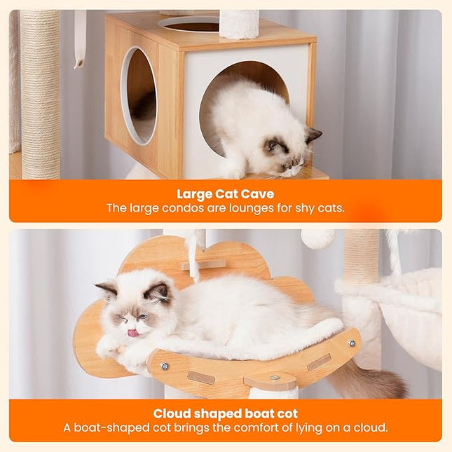 Heybly Wood Cat Tree for Indoor Cats, Cat Condo for Large Cats with Self Groomer,Walnut
