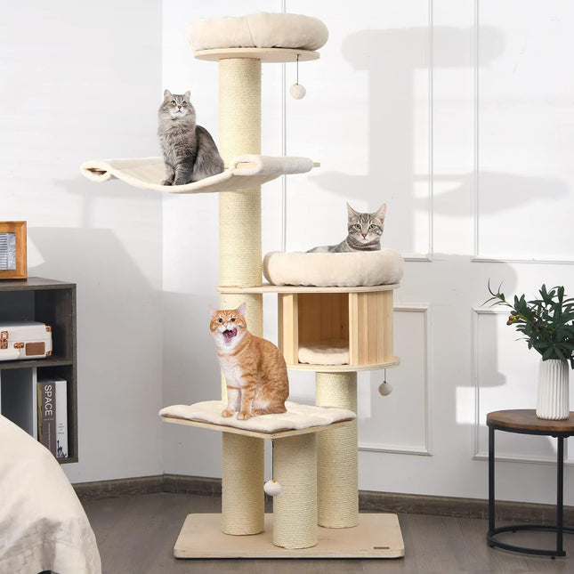 Wood Cat Tree for Indoor Cats, Tall Modern Cat Tower w/Sisal Scratching Posts, Condo, Padded Perch, Hammock, Napping Bed