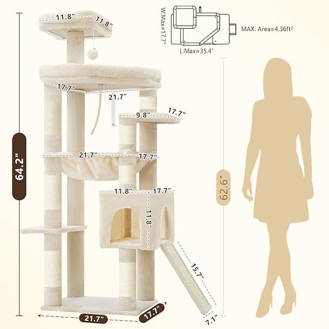 Heybly 64.2" Heavy-Duty Cat Tree for Large Cats, Extra-Large Hammock, Beige