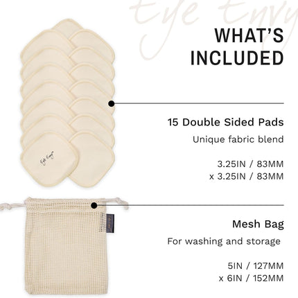 Eye Envy Washable Reusable Applicator Pads. 15 Count. Use with Tear Stain Solution. Machine Washable. Large Size. Mesh Bag for Storage and Washing. Gentle Exfoliating Texture