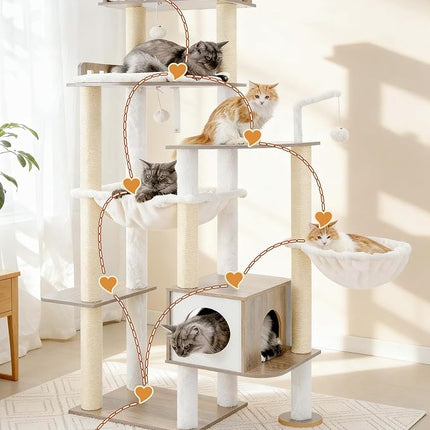 Heybly Cat Tree, 70.5" Wood Tall Cat Tower for Large Indoor Cats HCT121SG | Modern Cat Furniture with Extra Stable Structure, Smoky Gray