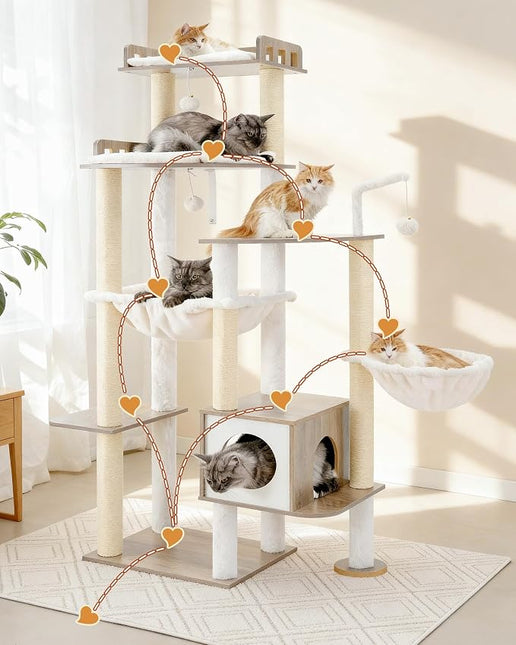 Heybly Cat Tree, 70.5" Wood Tall Cat Tower for Large Indoor Cats HCT121SG | Modern Cat Furniture with Extra Stable Structure, Smoky Gray
