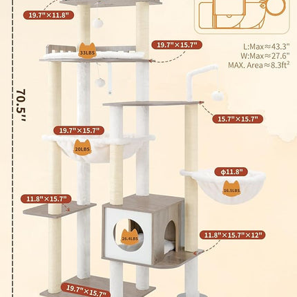 Heybly Cat Tree, 70.5" Wood Tall Cat Tower for Large Indoor Cats HCT121SG | Modern Cat Furniture with Extra Stable Structure, Smoky Gray