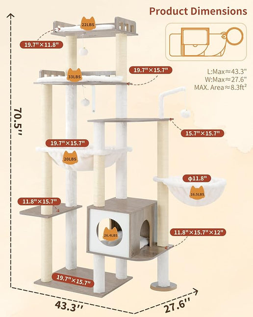 Heybly Cat Tree, 70.5" Wood Tall Cat Tower for Large Indoor Cats HCT121SG | Modern Cat Furniture with Extra Stable Structure, Smoky Gray