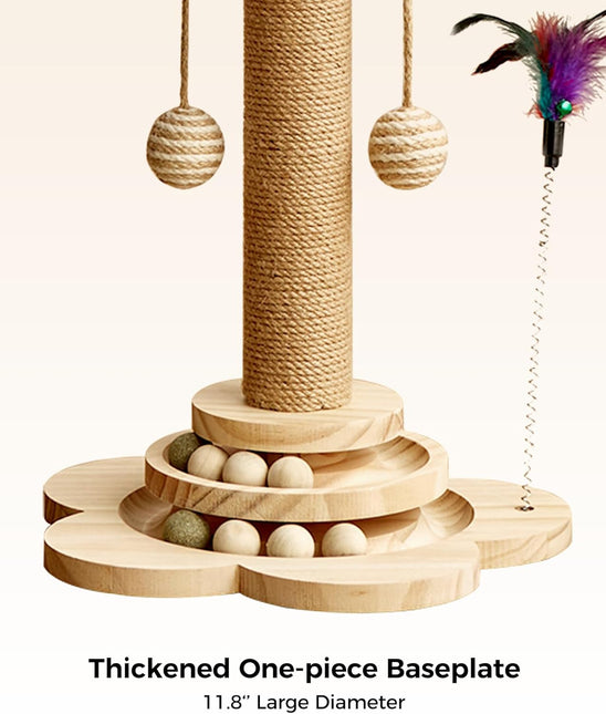Cat Scratching Post for Kittens, 4 in 1 Wooden Cat Scratcher Toy, 17.7" Tall Scratch Post with 2 Level Cat Track Balls, Interactive Feather Toy and 2 Sisal Hanging Balls for Indoor Kittens