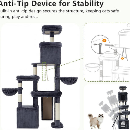 Heybly Cat Tree, 184 cm Anti-Tip Cat Tower for Large Cats, All-in-One,Smokey Grey