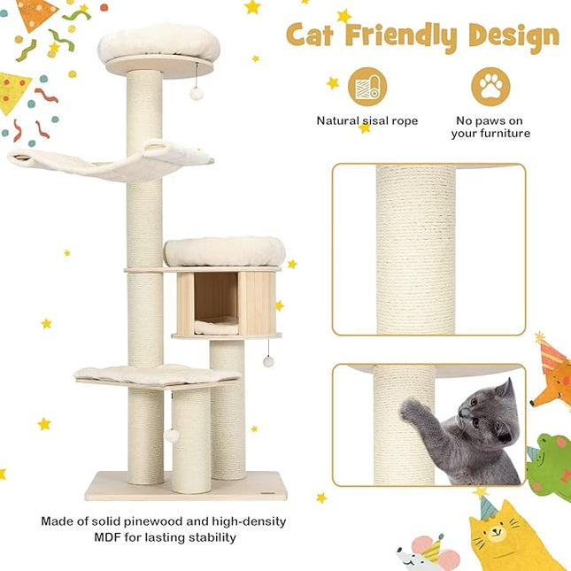 Wood Cat Tree for Indoor Cats, Tall Modern Cat Tower w/Sisal Scratching Posts, Condo, Padded Perch, Hammock, Napping Bed