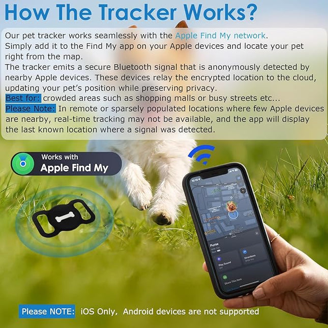 Pet Tracker for iPhone(iOS Only), Bluetooth Item Finder Works with Apple Find My, Pet Location Tracker with Collar Holder, IP68