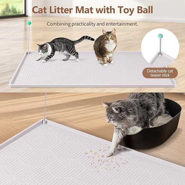 Large Cat Litter Mat with Toy Ball, 38'' x 25'' Silicone Cat Litter Trapping Mat