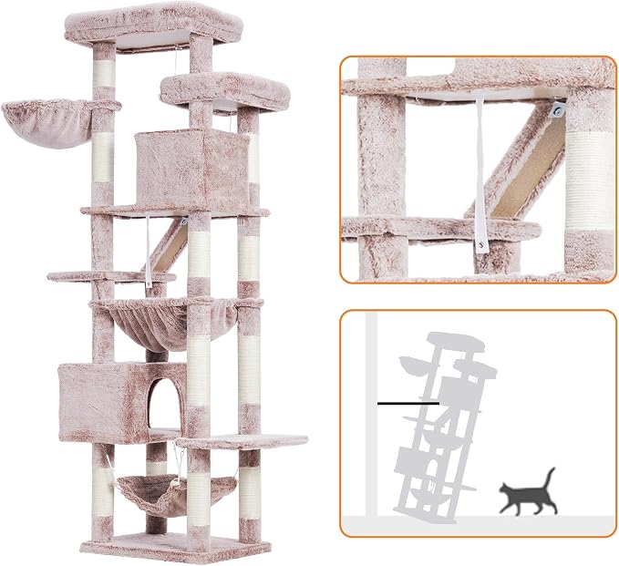 Heybly Cat Tree, 180 cm-Tall Tower for Indoor Cats with 2 Perches, 2 Big Condos, 2 Hammocks, Mushroom