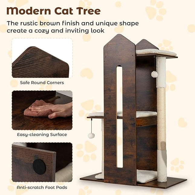 Costway 120 CM Modern Cat Tree for Indoor Cats, Wooden Kitten Tower Cat Condo w/Sisal Scratching Posts, Hanging Balls, Removable Washable Plush Cushions, Perch, Multi-Level Pet Climbing Furniture