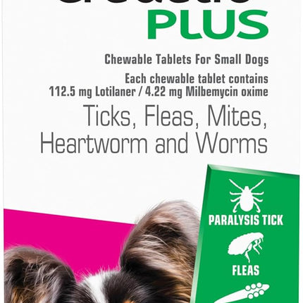 Credelio Plus Dog Flea and Tick Treatment, Six Pack, Ticks, Fleas, Mites, Heartworm & Worms Parasite Protection, in The Smallest Monthly Chewable Tablet for Dogs > 2.8-5.5 kg, 6 Pack