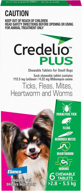 Credelio Plus Dog Flea and Tick Treatment, Six Pack, Ticks, Fleas, Mites, Heartworm & Worms Parasite Protection, in The Smallest Monthly Chewable Tablet for Dogs > 2.8-5.5 kg, 6 Pack