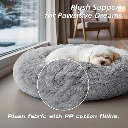 Calming Dog Bed for Dog & Cat - Donut Washable Puppy Bed with Ultra-Plush Support, Fluffy Faux Fur Plush Cushion Beds for Small Medium Dogs (70CM)