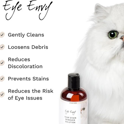 Eye Envy Tear Stain Remover Solution for Cats. Gentle, Natural and Safe. Cleans Tear Stains. Recommended by Breeders, Groomers. Remove Eye Stains from Persians and Exotics. 2 oz. Made in USA