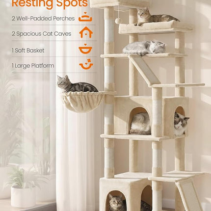 Feandrea Large Cat Tree, 72.6" Tall Sturdy Cat Tower for Indoor, Beige