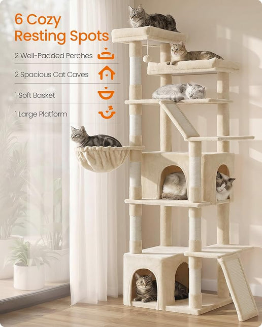 Feandrea Large Cat Tree, 72.6" Tall Sturdy Cat Tower for Indoor, Beige