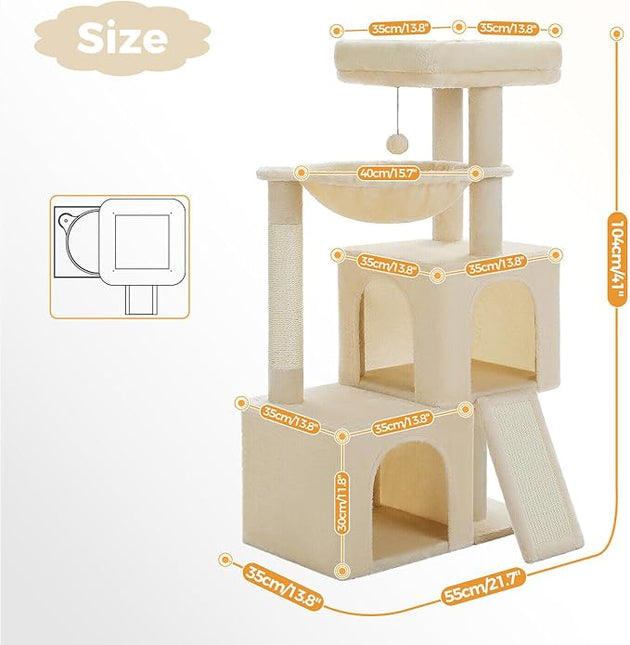 PAWZ Road Cat Tree for Indoor Cats,104cm Cat Tower with 2 Spacious Condos, Multi-Level Cat Condo House ,Beige