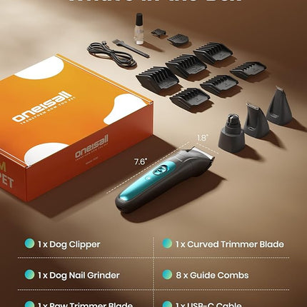 oneisall Dog Clippers & Paw Trimmer 4 in 1 Grooming Kit, Dog Grooming Clippers with LED Light for Full-Body Grooming, Cordless Silent