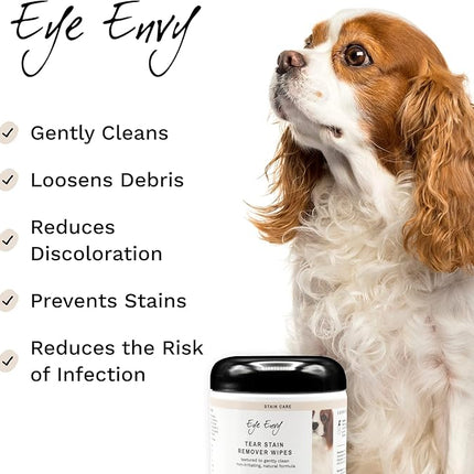 Eye Envy Tear Stain Wipes for Dogs. Textured to Gently Clean. Presoaked in Natural Formula. Recommended by AKC Breeders, Professional Groomers. Cleans Staining. USA Made. 60 Wipes