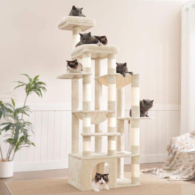 Heybly Cat Tree, 180cm Tall Cat Tower for Large Maine Coon Cats with Extra-Large Baseboard, Beige HCT037M