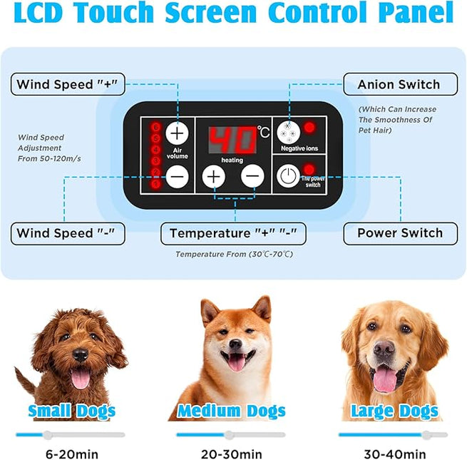 ADVWIN Dog Dryer, Pet Grooming Blow Dryer with LCD Display & Temperature Control, 50-120m/s Adjustable Speed, 4 Different Nozzles, Orange